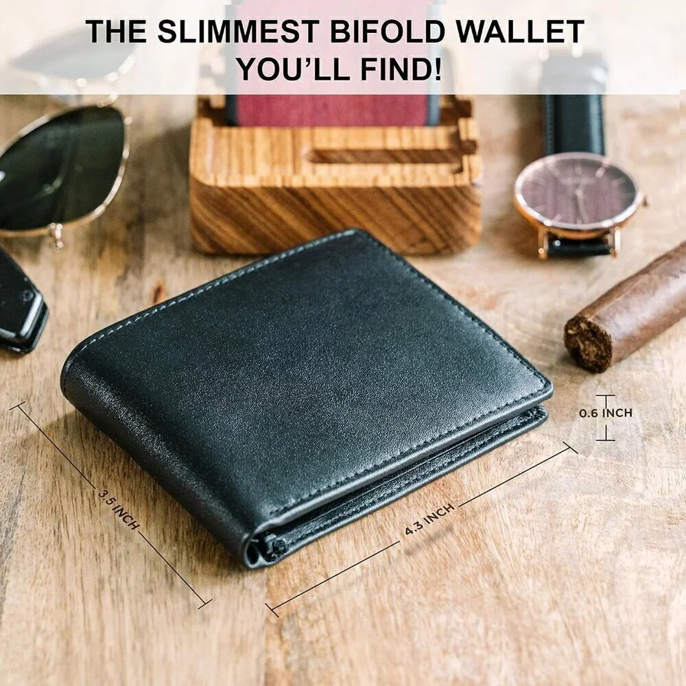 🆕Men Black Top Grain Leather Extra Capacity Bifold Strong Stitching Wallet
